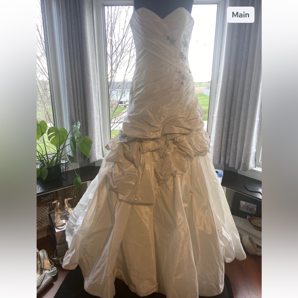 BLUE Ivory Strapless Rhinestone Rouched Taffeta Gown